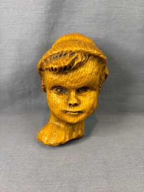 Vintage Hand Carved Wooden Bust of Boy Child Folk Art Alt Waltersdorf Michigan